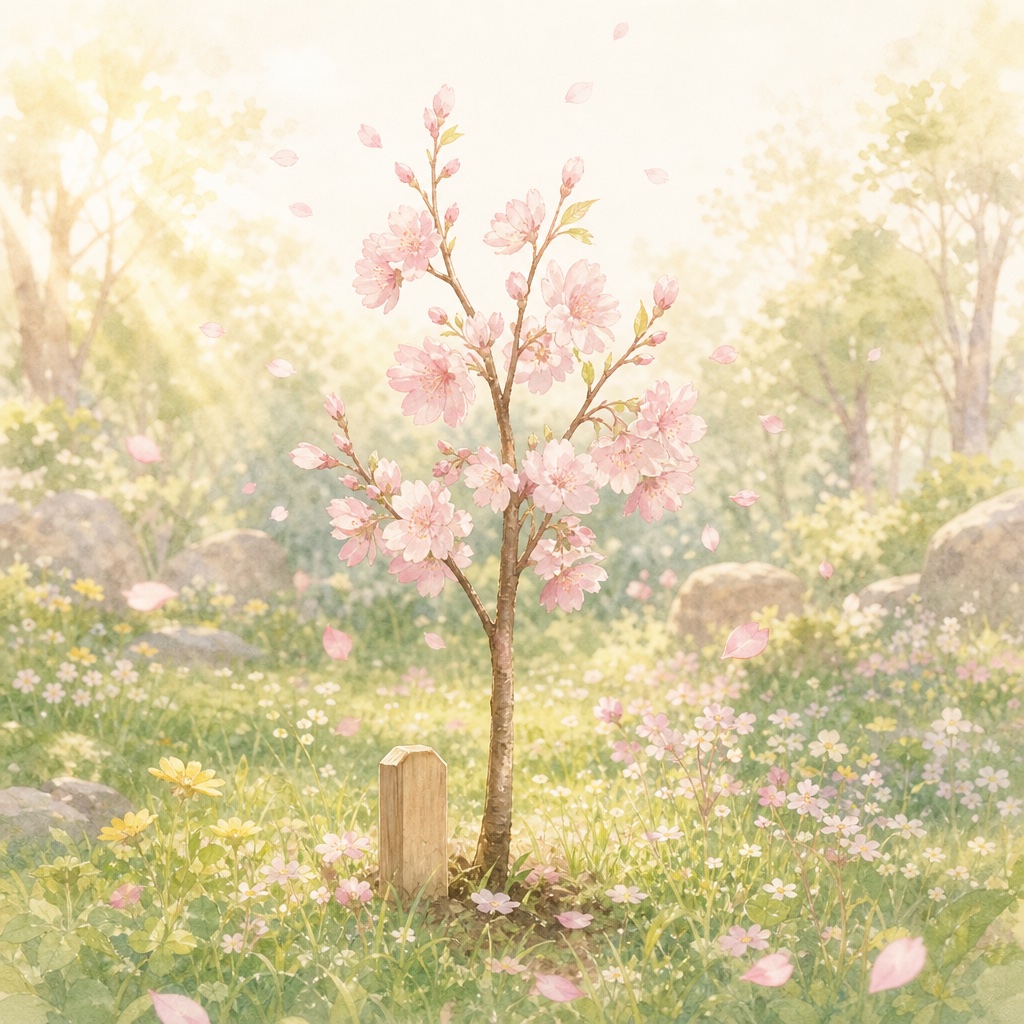 桜の若木の下に静かな墓標がある里山の樹木葬イメージ