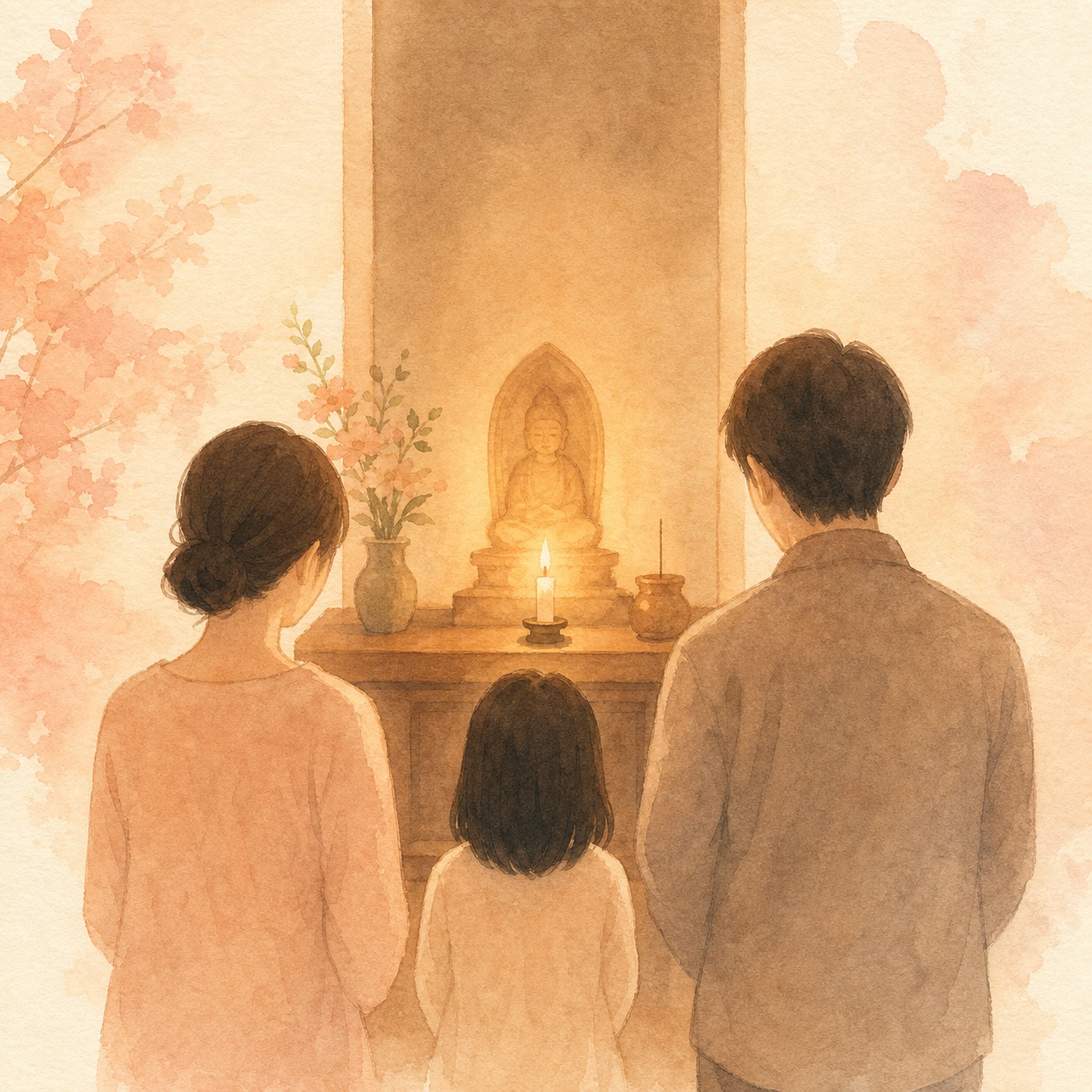 家族3人が小さな仏壇の前に立つ柔らかなイラスト