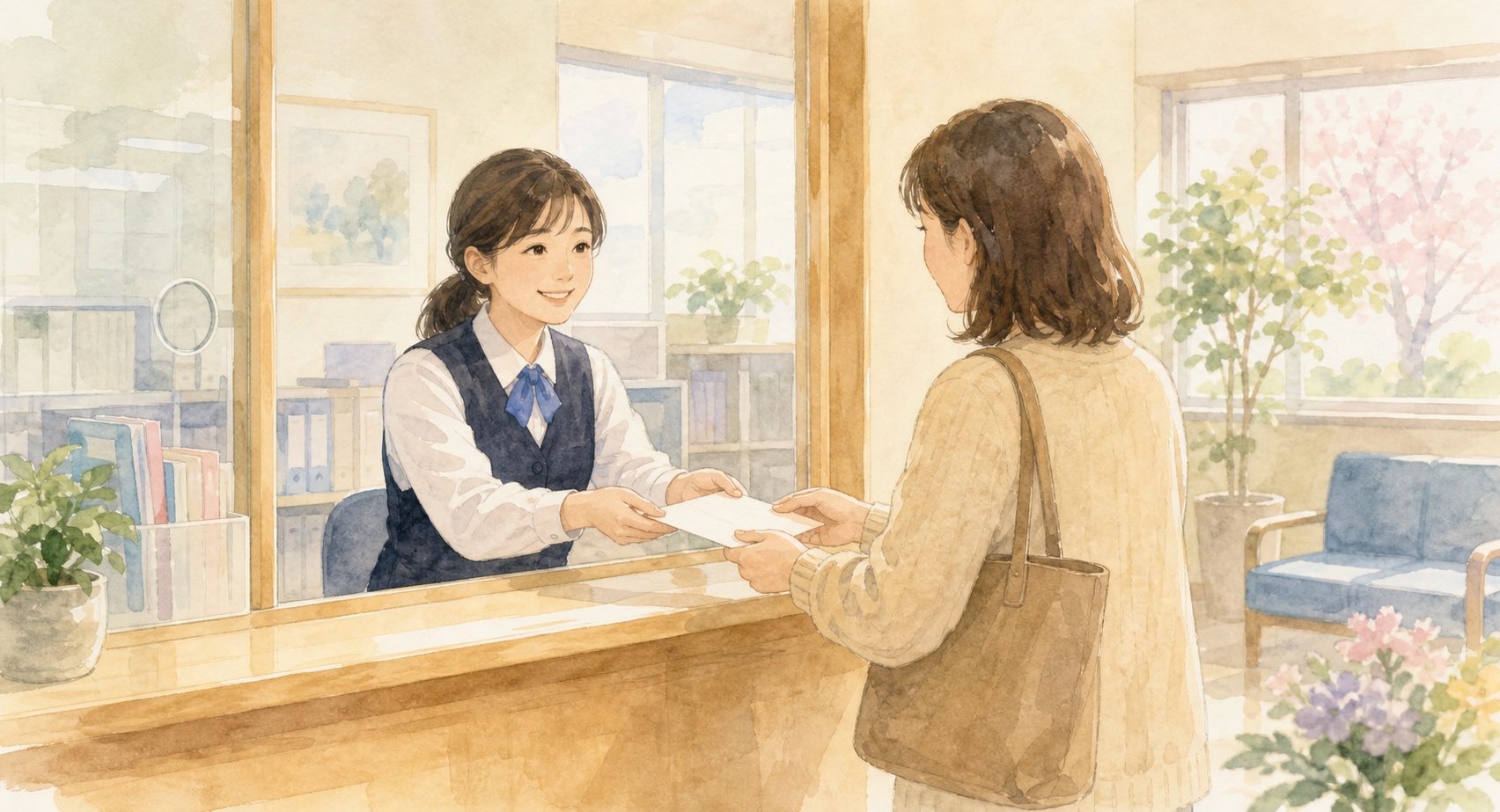 健康保険組合の窓口で埋葬料申請の手続きをする受給対象者と職員のイラスト