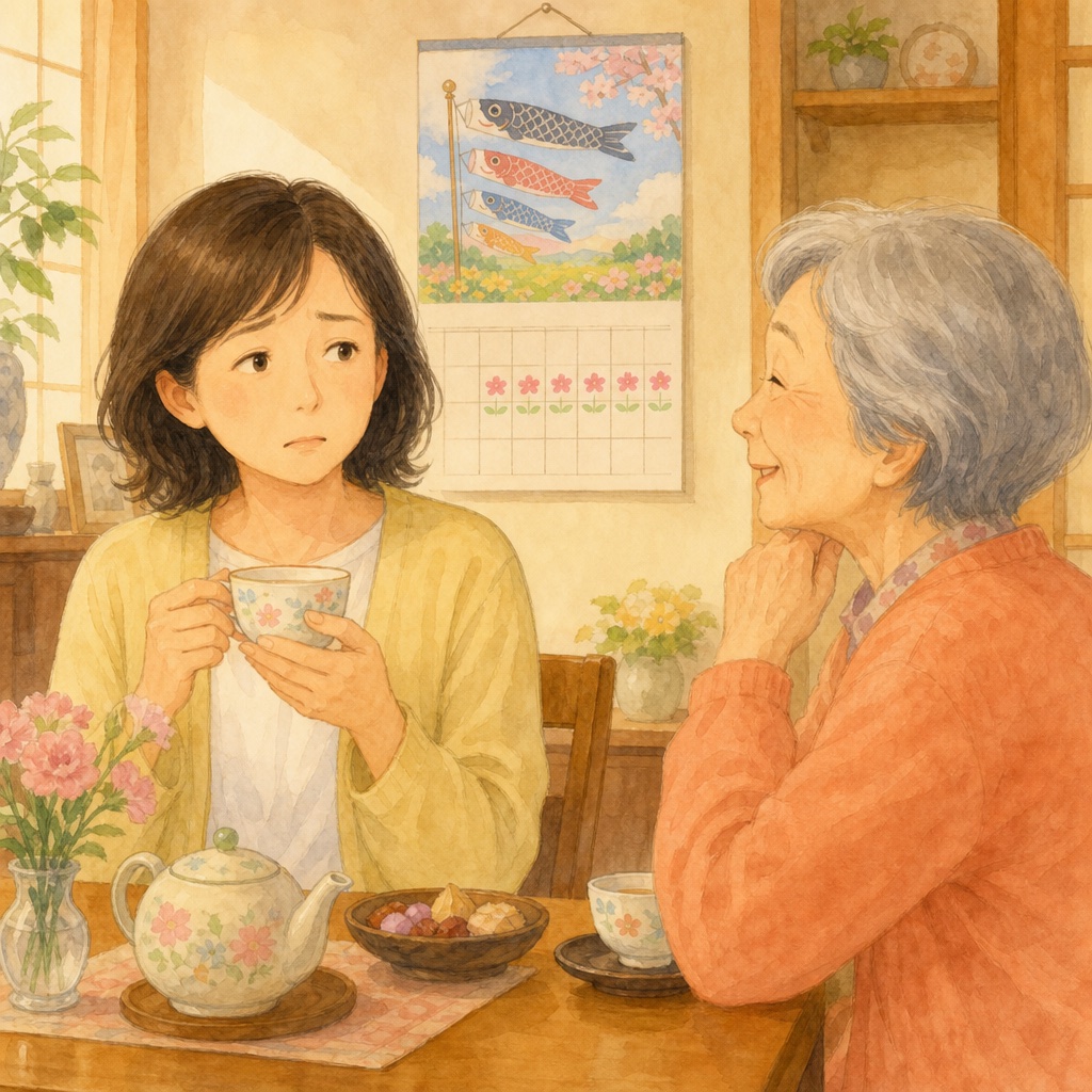 ゴールデンウィークに実家を訪れた娘と母が、お茶を飲みながら静かに話すイラスト